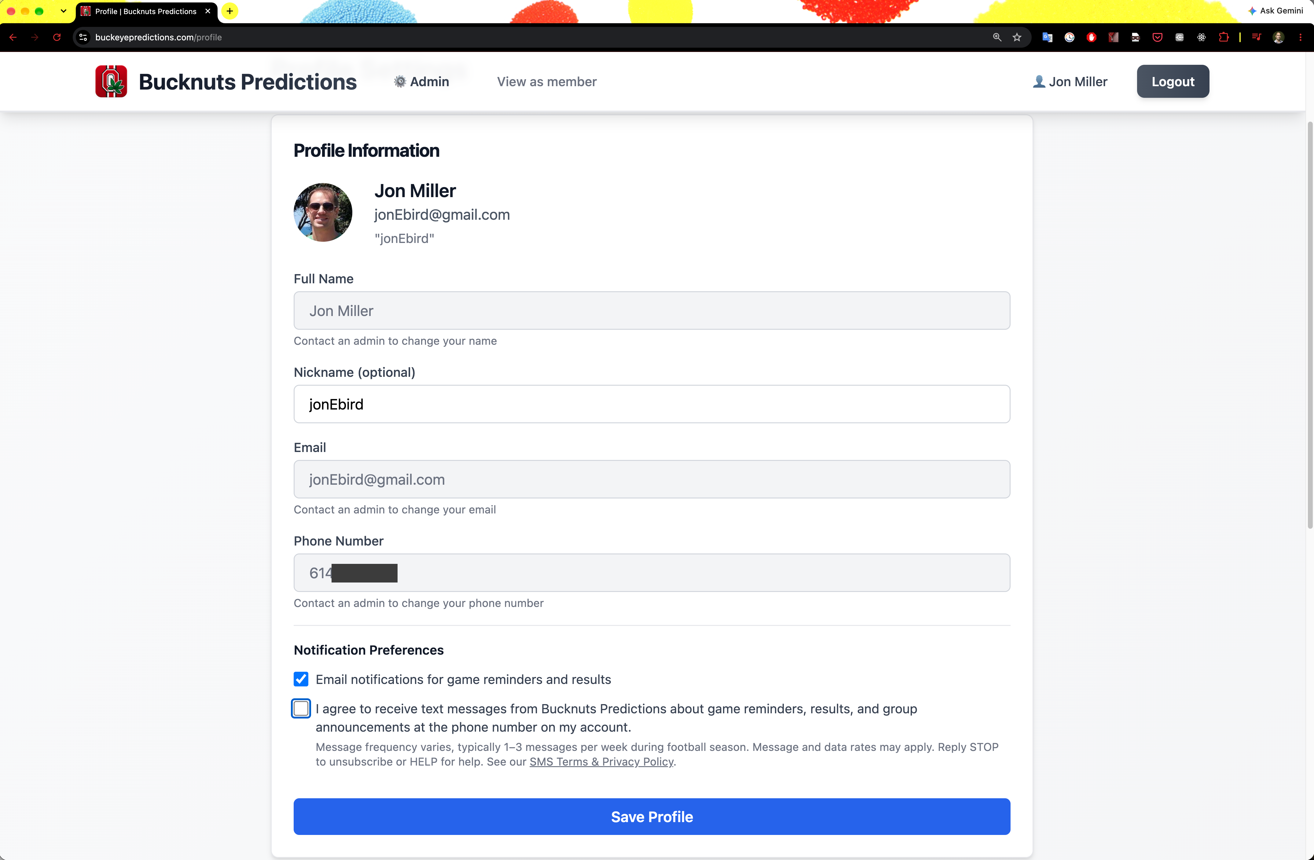 The Bucknuts Predictions profile page showing the SMS consent checkbox, unchecked by default, with the full disclosure text beneath it.